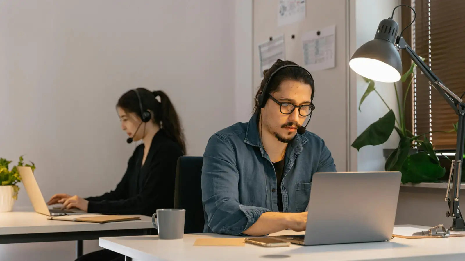 Workspace with an elegant desk lamp